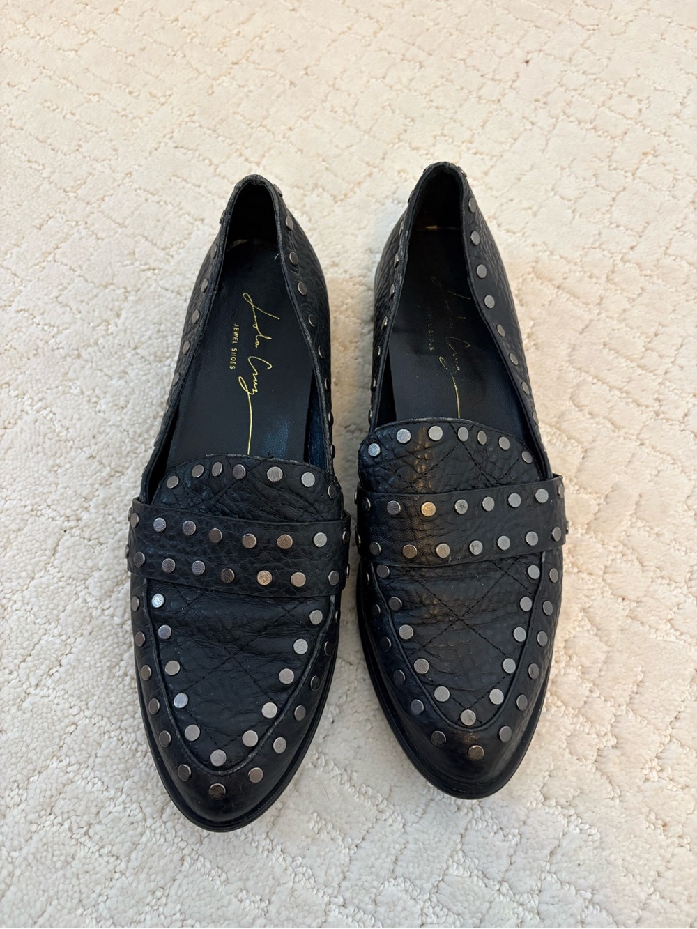Lola Cruz Black Studded Leather Loafers Size 38